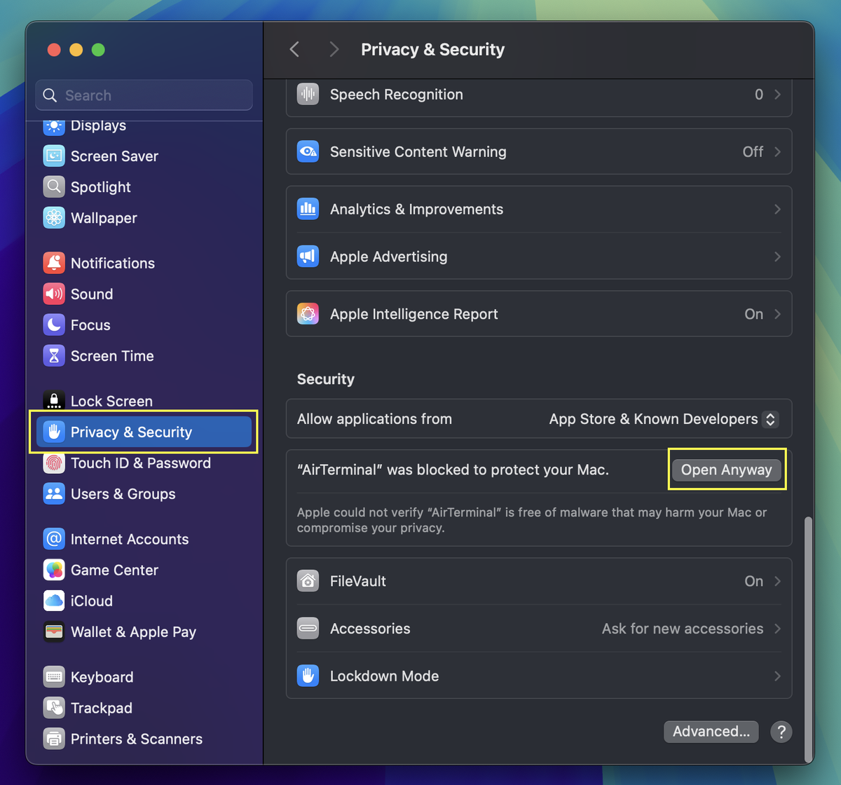 Open System Preferences to access security settings
