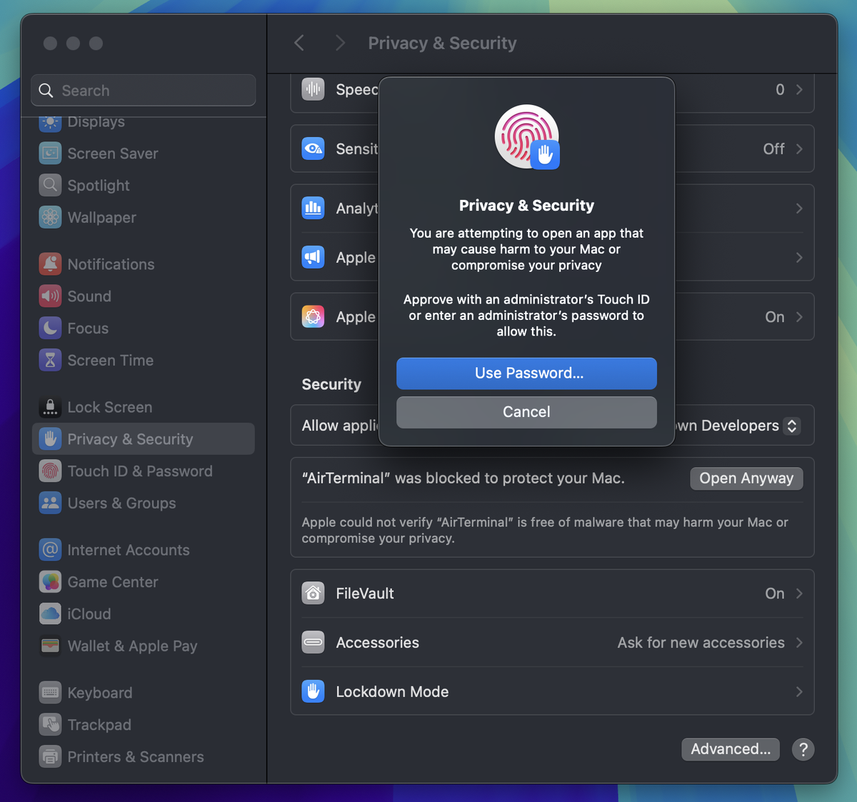 Allow AirTerminal in Privacy & Security settings